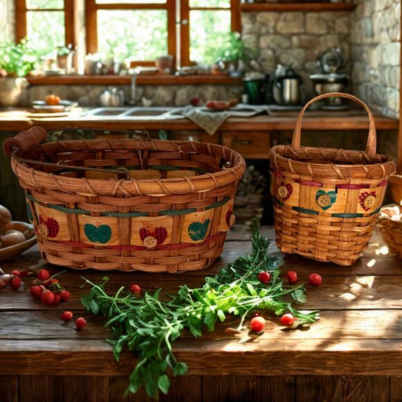 Vintage Country Heart Button Basket Duo – Rustic Wood Handle Wall & Table Set - Picture 5 of 11